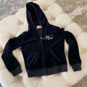 Juicy Couture Black Velour Hoodie with JC gold emblem with black rose Size S